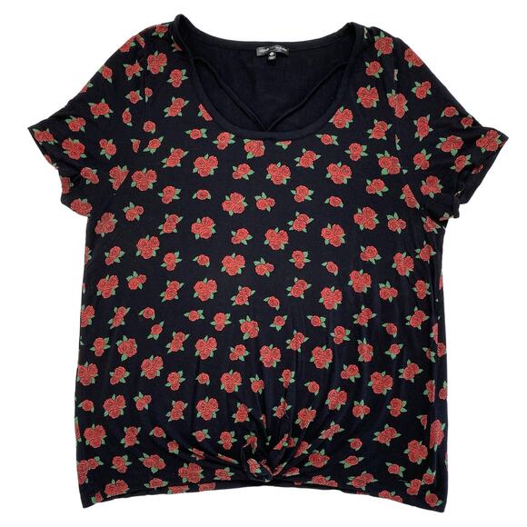ATTITUDE NOT INCLUDED Black Rose Criss-Cross Tie-front Tee Size 1X Stretch AOP - Picture 3 of 8